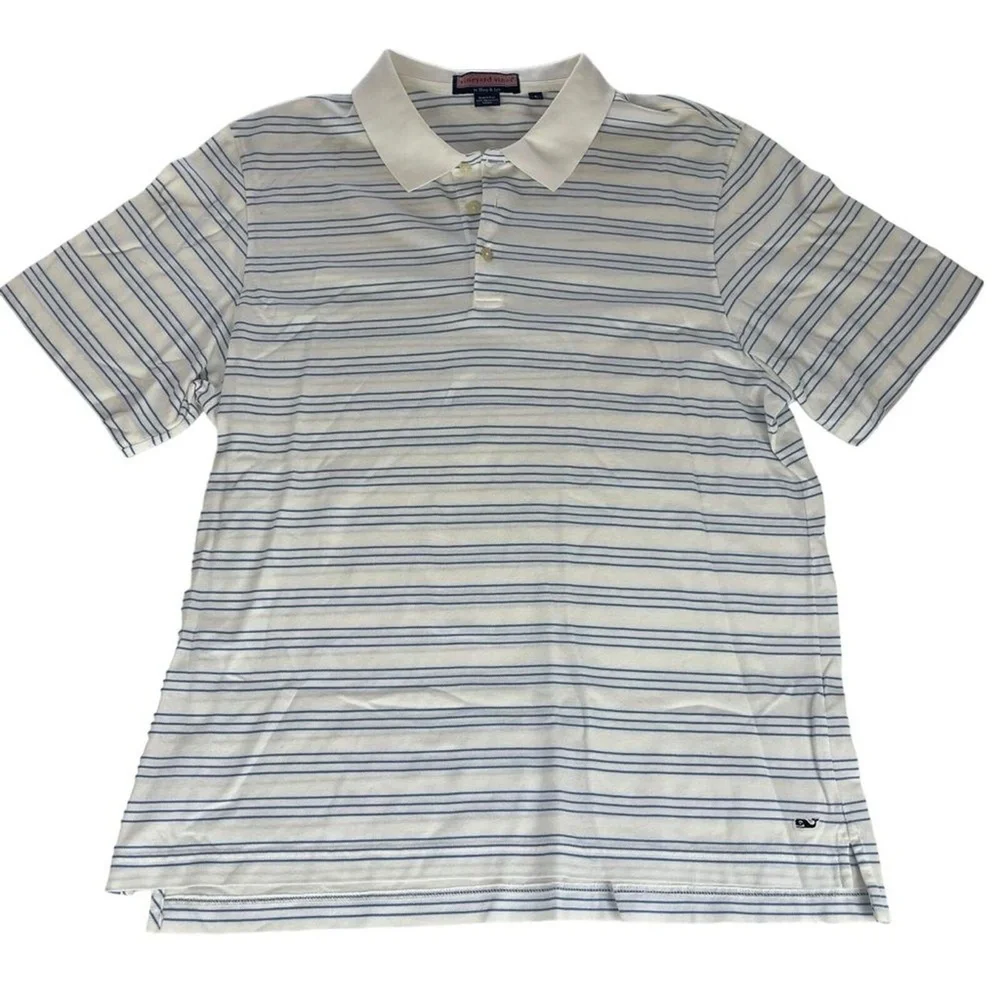 Vineyard Vines Polo Shirt Mens Large Blue White Striped‎ Cotton Golf Preppy